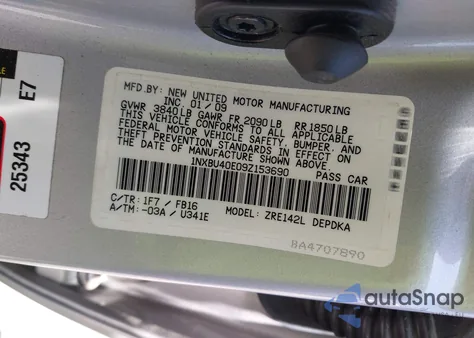 2009 Toyota Corolla Le z USA, uszkodzony, nr VIN 1NXBU40E09Z153690